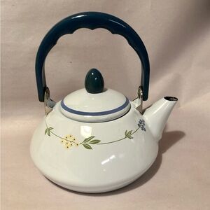 10617 Corelle Secret Garden Enameled Metal Tea Kettle Lid Floral Blue White